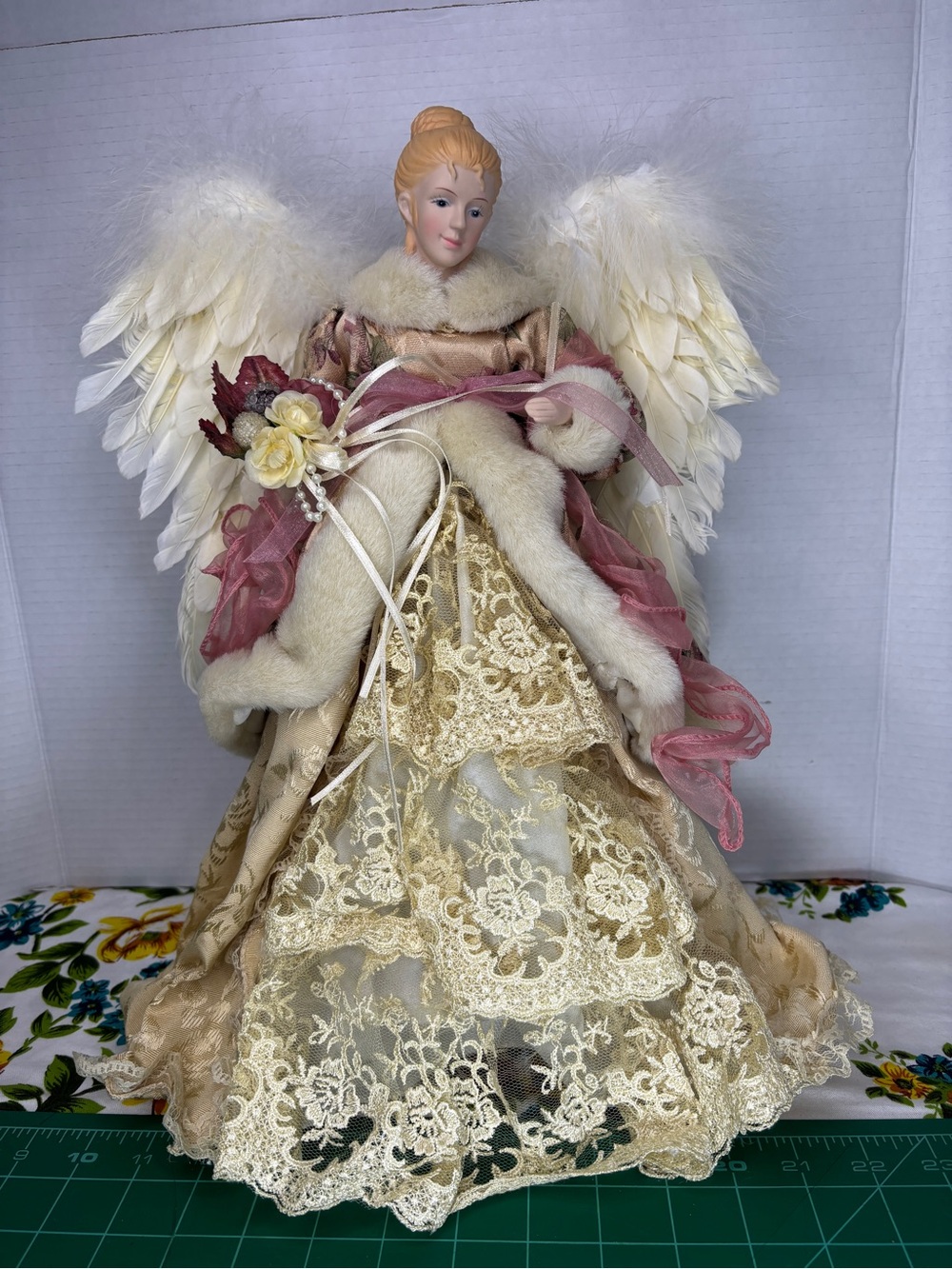 Angel Tree Topper with Lace Feather Wings Faux Fur Victorian Feminine Christmas